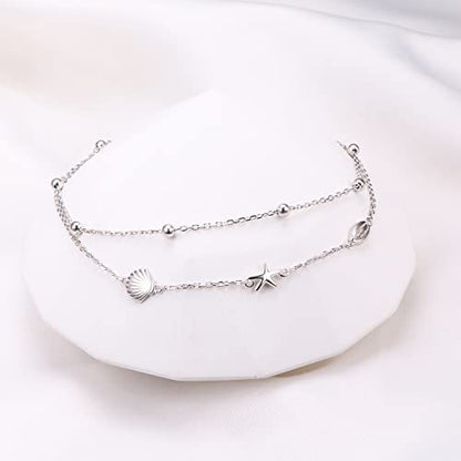 Flyow Anklet for Women S925 Sterling Silver Adjustable Foot Beaded Heart Charm Ankle Bracelet Anklets Jewelry - style: Conch Starfish Shell