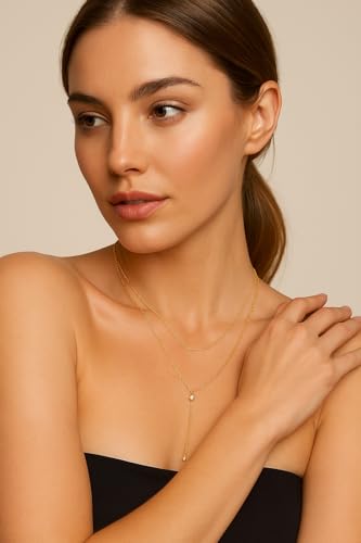 14K Gold Plated Y Necklace for Women – Dainty Lariat Long Pendant Chain, Layered Drop Necklace for V Neck Dress, Simple Sexy Cleavage Jewelry Gifts for Women - color: Gold - Double layered - Zircon