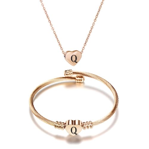 MYNENEY Necklace and Bracelet for Women Stainless Steel Initial Jewelry Set - color: Rose Gold-Q
