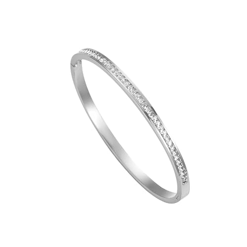 Gold Bracelets for Women, 18K Gold Plated Cubic Zirconia Bangle Bracelets Stainless Steel Eternity Crystal Oval Bracelet Cuff Bracelets for Women Jewelry - color: Half CZ Bangle-White Gold