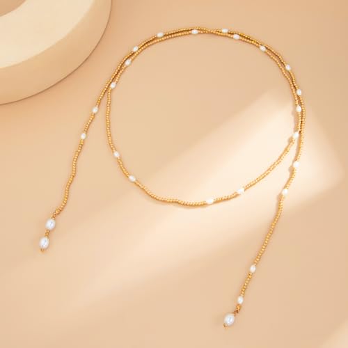 Green Beaded Lariat Necklace with Baroque Pearl Drops – Adjustable Wrap Y Style Jewelry, Beach and Bohemian Outfit Accessory for Women - color: Gold Bead Style