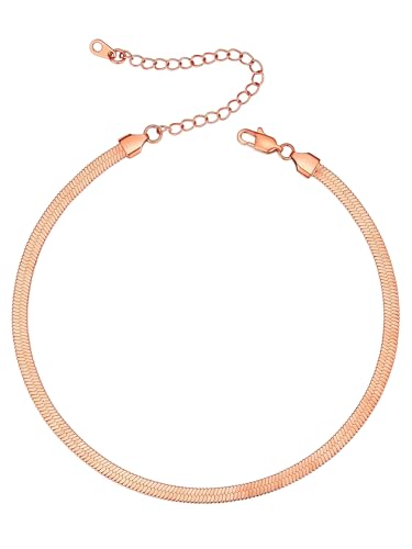 ChainsHouse Flat Snake Chain Herringbone Choker Necklace for Women, Stainless Steel/Rose Gold/18K Gold Plated Dainty Adjustable Simple Short Layered Necklaces, 12"/15"/18" with 3.5" Extender - color: a. rose gold-5mm