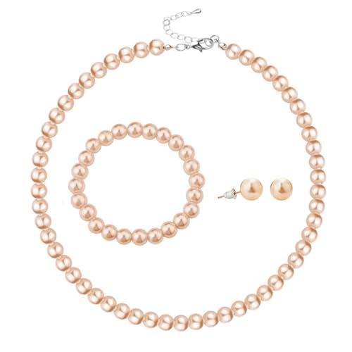 xuzhiyuan 10mm Faux Pearl Jewelry Set for Women, Classic 3-Piece Necklace Bracelet and Earring Set, Hypoallergenic Fashion Jewelry Gift for Mom Wife - color: Champagne