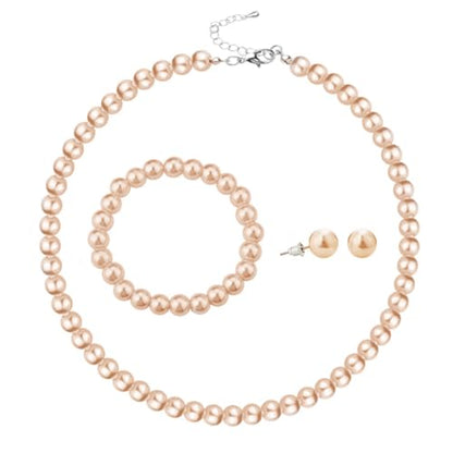 xuzhiyuan 10mm Faux Pearl Jewelry Set for Women, Classic 3-Piece Necklace Bracelet and Earring Set, Hypoallergenic Fashion Jewelry Gift for Mom Wife - color: Champagne
