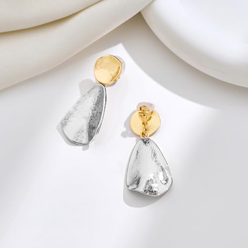 YUJIE Clip On Earrings for Women Dangle Hammered Geometric Earrings Gold Plated Jewelry - color: two tone