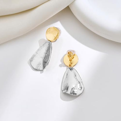 YUJIE Clip On Earrings for Women Dangle Hammered Geometric Earrings Gold Plated Jewelry - color: two tone