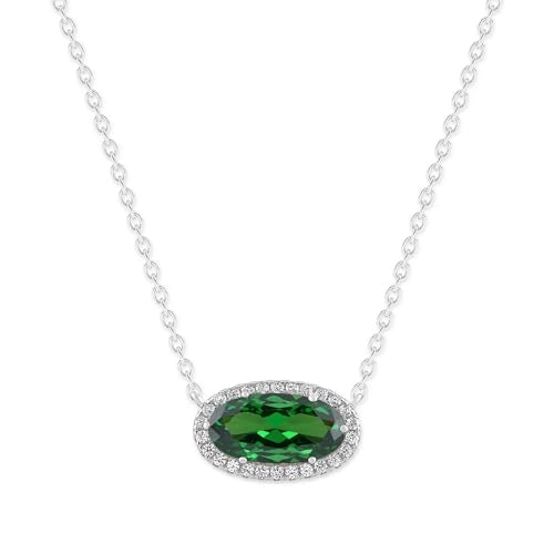 Belacqua Gemstone Necklace in Sterling Silver,Halo Pendant with Accent, Oval Cut 6 * 12mm, 15" Cable Chain with 2" Extender, Spring Ring Clasp, Dainty Birthstone Necklace for Women, Gift Box Included - color: 05-May-Emerald Green