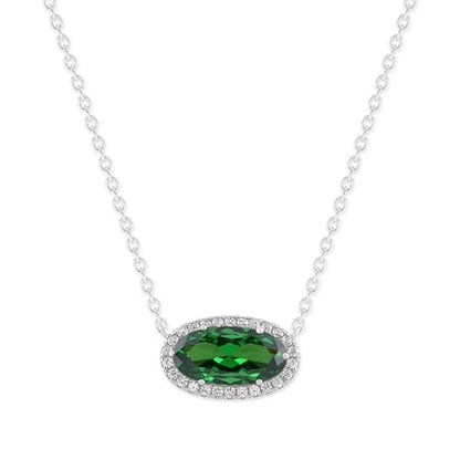 Belacqua Gemstone Necklace in Sterling Silver,Halo Pendant with Accent, Oval Cut 6 * 12mm, 15" Cable Chain with 2" Extender, Spring Ring Clasp, Dainty Birthstone Necklace for Women, Gift Box Included - color: 05-May-Emerald Green