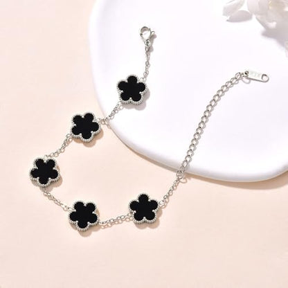 FLY FEI 18K Gold-Plated Four Leaf Clover Bracelet for Women,Adjustable lucky Bracelet Set Jewelry Gift-Hypoallergenic Charm for Birthdays, Wellness & Daily Wear - color: style02-Black(silvery)