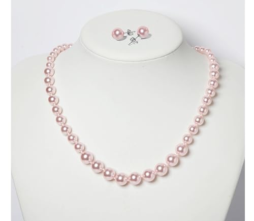 Pearl Necklace and Earring Set for Women Costume Jewelry Set | Elegant Outfit Matching, Wedding Bridesmaid Prom Gifts - style: Pink 18 inches