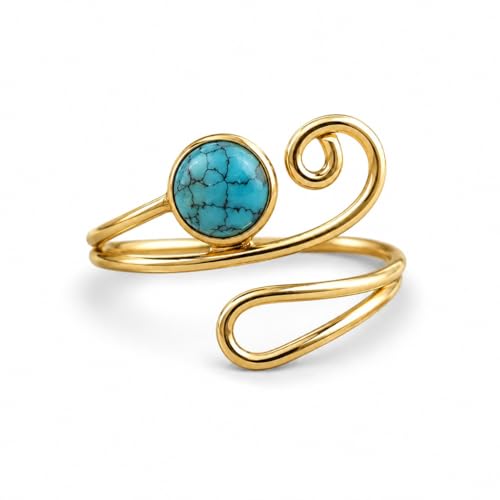 Gold Plated Toe Ring for Women, Adjustable Open Band, Handmade | Fits Toe, Knuckle or Pinky Ring | One Size Fits Most | Comfortable to Wear | Minimalist Style | Water Resistant - color: Turquoise & Swirl