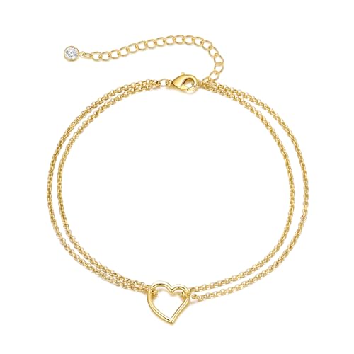 Bheop Ankle Bracelets for Women 14K Gold Silver Plated Waterproof Anklets | Evil Eye Pearl Heart Conch Shell Charm, Boho Adjustable Foot Chain, Dainty Summer Beach Jewelry Gifts, Non Tarnish - color: GD-Heart