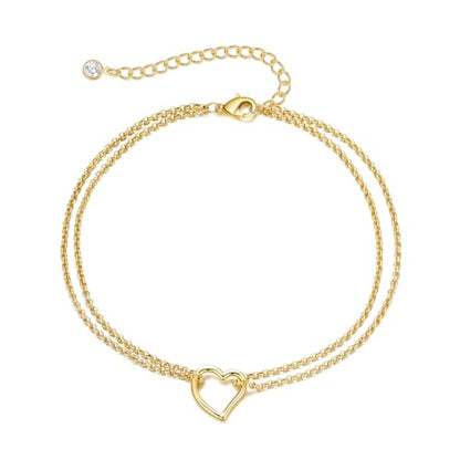 Bheop Ankle Bracelets for Women 14K Gold Silver Plated Waterproof Anklets | Evil Eye Pearl Heart Conch Shell Charm, Boho Adjustable Foot Chain, Dainty Summer Beach Jewelry Gifts, Non Tarnish - color: GD-Heart