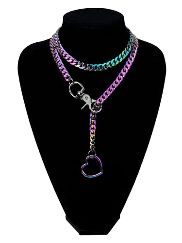 paloli Women's Slip Chain Rainbow Heart O-Ring Chunky Chain Necklace, Rays Cuban Long Layered Jewelry, Adjustable Lariat Y-Necklace Heart Loop Choker - color: A-Heart-Rainbow