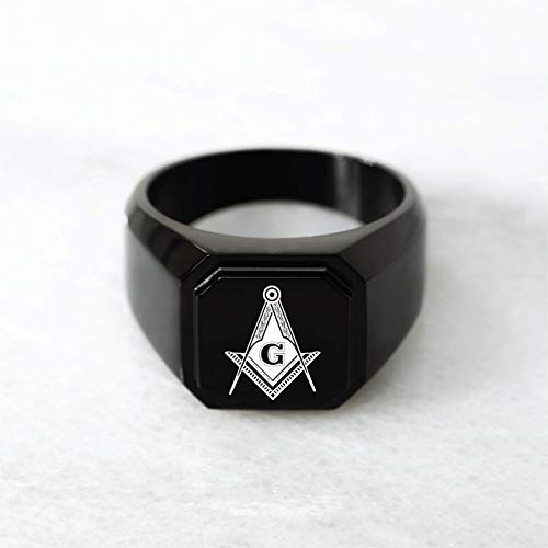 Stainless Steel Signet Biker Rings for Men, Masonic Symbol Square Flat Top (Black, Gold, Silver), Size 7-16 - color: Black - Royal Compass