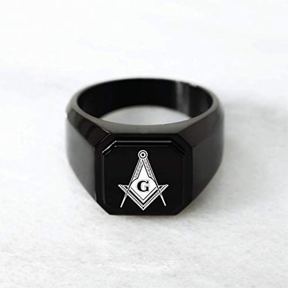 Stainless Steel Signet Biker Rings for Men, Masonic Symbol Square Flat Top (Black, Gold, Silver), Size 7-16 - color: Black - Royal Compass