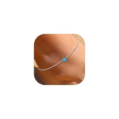 ChicSilver 925 Sterling Silver Anklets for Women, Simple Dainty Round/Heart Birthstone Ankle Bracelet Beach Foot Jewelry, 8.7-10.7 Inch Adjustable - color: 12. Round - December(Blue Topaz)