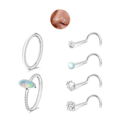 davka Nose Ring Set, 18G Hinged Hoop 8mm & 20G Nose Studs, Stainless Steel & Gold Plated, Hypoallergenic, Multiple Styles Nose Piercing Jewelry - color: Silver/Oval-Cut Opal/18g 8mm hoops/Corkscrew studs