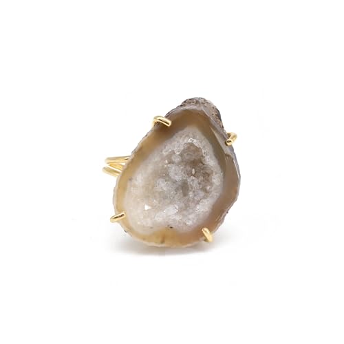 Elegant Geode Druzy Gemstone Statement Ring for Women, Adjustable Ring, Gold Plated Stone Size 20-25mm - color: Beige, style: 1