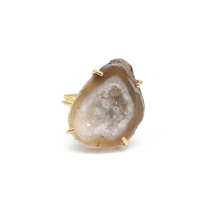 Elegant Geode Druzy Gemstone Statement Ring for Women, Adjustable Ring, Gold Plated Stone Size 20-25mm - color: Beige, style: 1