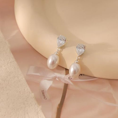 Gold Earrings for Women Trendy, Dainty Dangle Earrings 14K Gold Plated Drop Earrings Cute Wedding Earrings Fashion Prom Bridal Jewelry Gifts - color: Silver LX Pearl