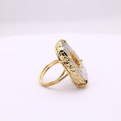 Ring Geode Druzy Slice Unique And Stylish Statement Gold Plated Jewelry Natural Gemstone Stone size 25-35 mm Approximately Adjustable Shank US Scale Size 6-9 - color: Gray, 2