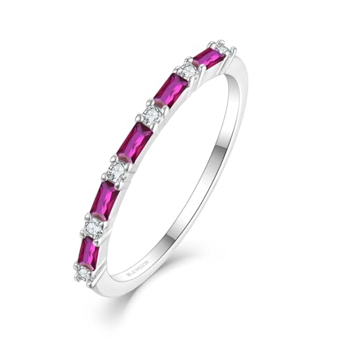 JO WISDOM 925 Sterling Silver Wedding Band for Women Thin Stacking Ring Half Cubic Zirconia Eternity Engagement Ring - color: 07-Jul-Ruby