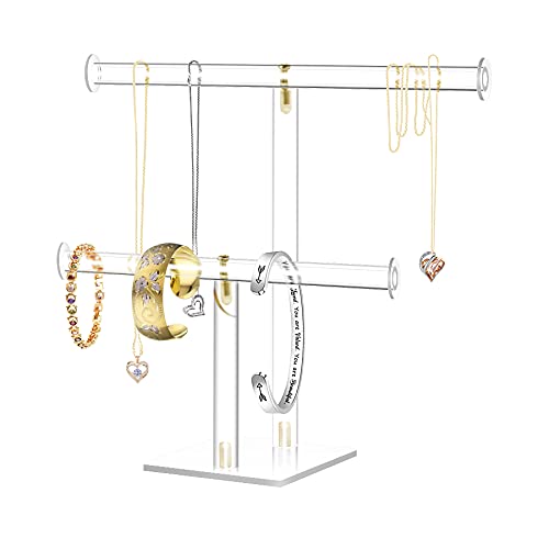 2-Tier Acrylic Jewelry Stand for Necklaces Bracelets | 2-tier acrylic stand with dual bars, tangle-free storage for necklaces, bracelets & earrings for dresser and shop