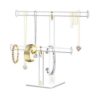 2-Tier Acrylic Jewelry Stand for Necklaces Bracelets | 2-tier acrylic stand with dual bars, tangle-free storage for necklaces, bracelets & earrings for dresser and shop