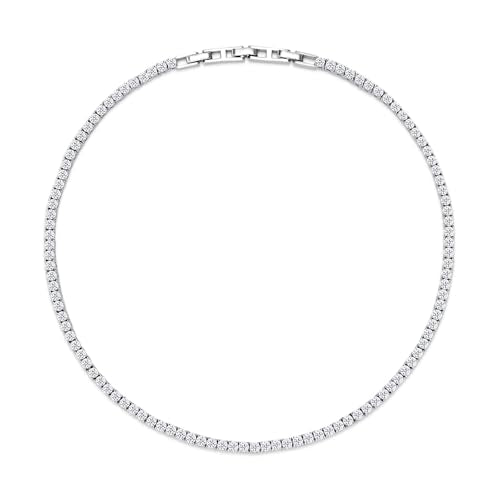 LANE WOODS Simulated-Diamond-Moissanite Tennis-Choker Necklaces-for-Women: Adjustable 18K White Gold Plated Sterling Silver Chain Necklace for Woman Prom Wedding Anniversary Party Jewelry Gifts - style: 15"-18"