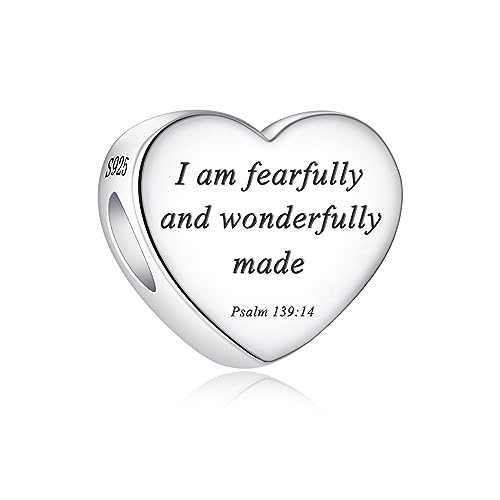 Bible Family Mom Wife Love Heart Dangle Charm 925 Sterling Silver Charms fits Bracelets and Necklace Pendant Bead Charms Jewelry Present for Women Family Friends - style: Bible - I am fearfully and wonderfully made charm