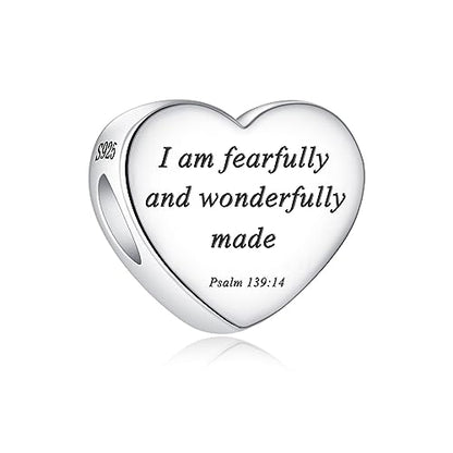 Bible Family Mom Wife Love Heart Dangle Charm 925 Sterling Silver Charms fits Bracelets and Necklace Pendant Bead Charms Jewelry Present for Women Family Friends - style: Bible - I am fearfully and wonderfully made charm