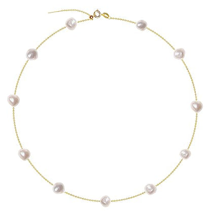 925 Sterling Silver Dainty Freshwater Cultured Pearl Choker Necklace White Genuine Real Pearl Charm Necklaces Jewelry Gifts for Her - color: Satellite Baroque 8-9mm-Gold