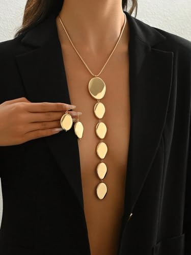 Statement Necklace and Earrings Set – 2PCS Gold Silver Chunky Geometric Pendant Jewelry with Snake Chain, Asymmetrical Ellipse Y-Necklace Metallic Fashion Jewelry for Women - color: A:Gold