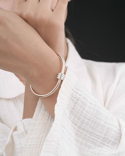 Rose Gold Pave Crystal Bangle Bracelet for Women – Stainless Steel Hinged Cuff with Wrapped Center – Hypoallergenic Waterproof – Sparkling Statement Jewelry – Gift for Her Backend: pave crystal bangle rose gold hinged cuff statement bangle sparkle wrapped