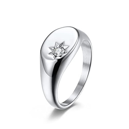 Promise Rings for Him, Stainless Steel Oval Shape Sun Pattern Inlay with Cubic Zirconia Signet Ring for Women - color: Silver