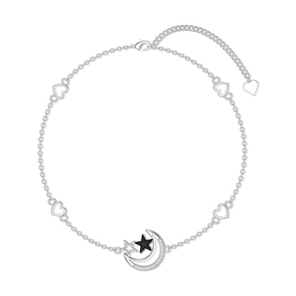 925 Sterling Silver Anklet Foot Bracelet with Crystal from Austria, Anklet Jewelry Gifts for Women 11 Inch Adjustable - style: Moon and Star