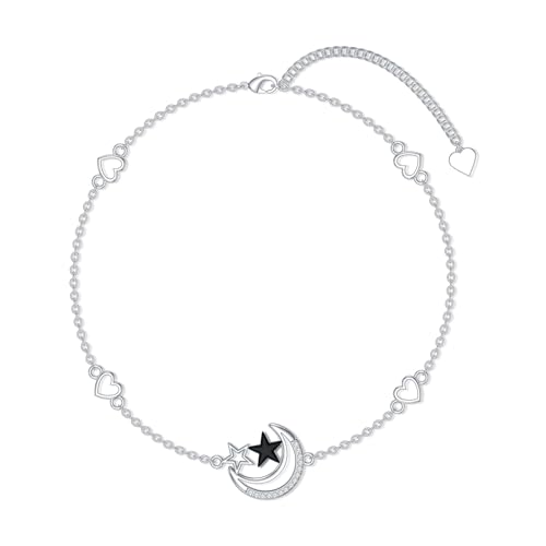 925 Sterling Silver Anklet Foot Bracelet with Crystal from Austria, Anklet Jewelry Gifts for Women 11 Inch Adjustable - style: Moon and Star