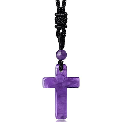 QINJIEJIE Cross Crystal Necklace Adjustable Black Rope Natural Gemstone Quartz Stone Necklaces for Men Women Father's Day Gift - color: Purple - Amethyst