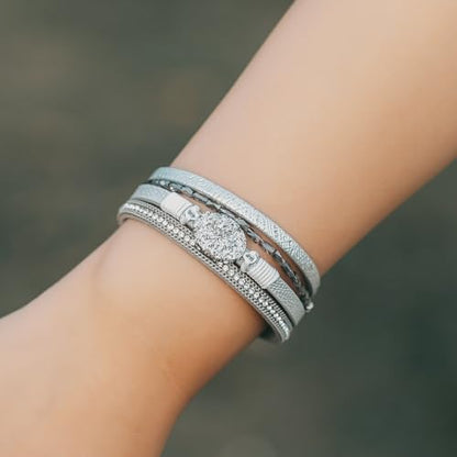 Boho Chunky Leather Wrap Bracelets Stackable Beaded Western Country Jewelry | Crystal Bead Trendy Layered Cuff Magnetic Clasp Stack Bohemian Statement Costume Outfits Cowgirl Fashion Hippie Accessories - color: Silver, size: 7.7"