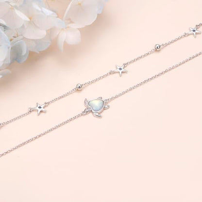 Anklets for Women 925 Sterling Silver Blue Evil Eye Infinity Butterfly Adjustable Multilayer Layered Summer Beach Ankle Bracelet Foot Chain Jewelry for Women - style: Sea Turtle 2