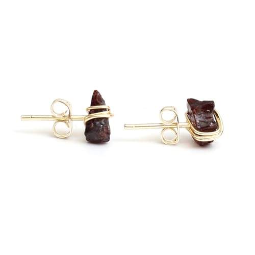 Gempires Wire Wrapped Raw Gemstone Stud Earrings for Women, Birthstone | Handmade wire-wrapped raw gemstone stud earrings — choose from stones and birthstones, artisan raw crystals on gold. - style: Red Garnet