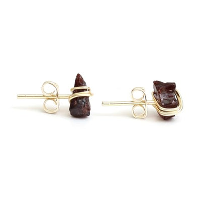 Gempires Wire Wrapped Raw Gemstone Stud Earrings for Women, Birthstone | Handmade wire-wrapped raw gemstone stud earrings — choose from stones and birthstones, artisan raw crystals on gold. - style: Red Garnet
