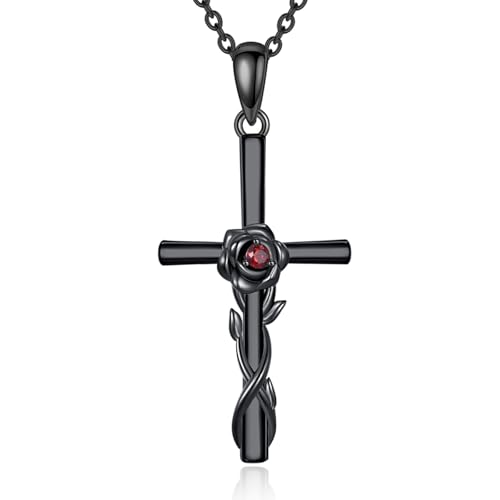 Halloween Necklace 925 Sterling Silver Black Rose Rib Cage Heart Pendant Necklace Halloween Jewelry Gifts for Women Gothic Party - style: Cross