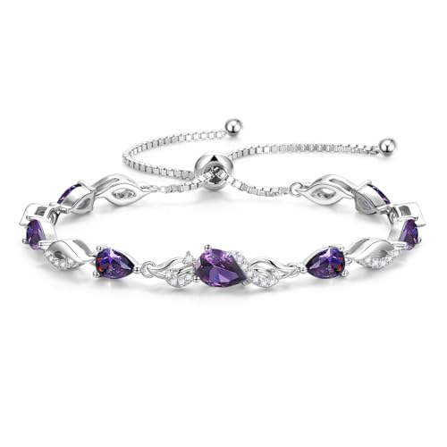 FANCIME Birthstone Teardrop Tennis Bracelet for Women, Sterling Silver 9x7mm main Gemstone Bolo Adjustable Chain Bracelet Fine Jewelry Birthday Gifts for Women Mom Wife Her - color: 02-Amethyst