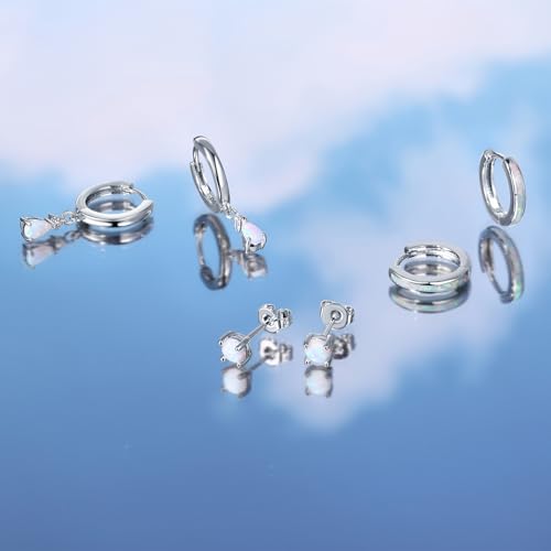 Opal Earrings Set for Women, Birthday Gift for Her, Sterling Silver | 14K Gold Plated, Hypoallergenic S925 Opal Hoop Stud Earrings for Women with Sensitive Ears, Dainty earring Stacks—Trendy Opals Jewelry 2026 - color: Silver