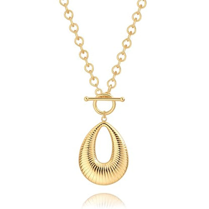 SOFYBJA Saint Benedict Necklace Drop 18K Gold Toggle Medallion Coin Cross Pendant Necklaces Religious Jewelry Catholic Gift for Women - color: Gold Chunky Striped Hollow Teardrop Necklace