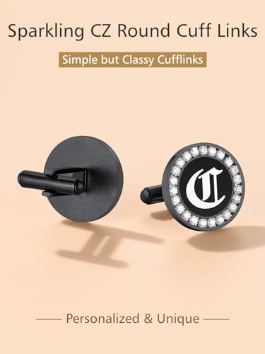 FindChic Stainless Steel Round Cufflinks with Custom Text/Picture/Monogram Letters 18K Gold Plated/Black Color for Men Groom Suits Shirts, with Gift Box - style: 03. CZ custom letters (black)