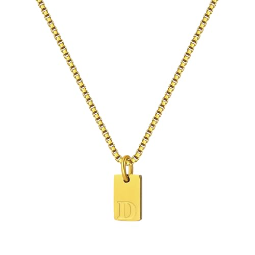 Gold Plated Square Initial Necklace Waterproof A-Z Letter Pendant on Thin Chain - Dainty, Stackable Jewelry for Women - color: Golden-D, size: F