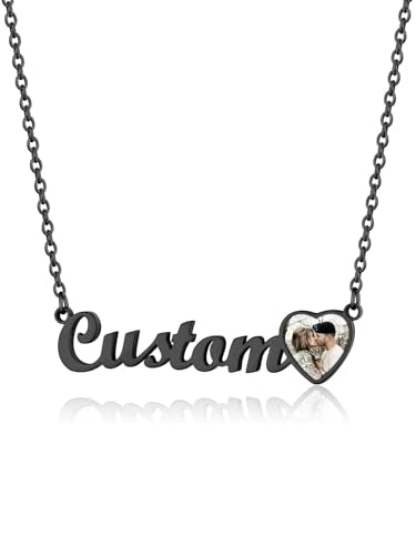 GoldChic JEWELRY Name Necklace Personalized for Men, Womens Custom Name Plate Chain, Stainless Steel Customized Old English Nameplate Choker with Curb Chains Custom, 16 inches to 30 inches - color: Photo & Rolo Chain 1.8 mm -Black